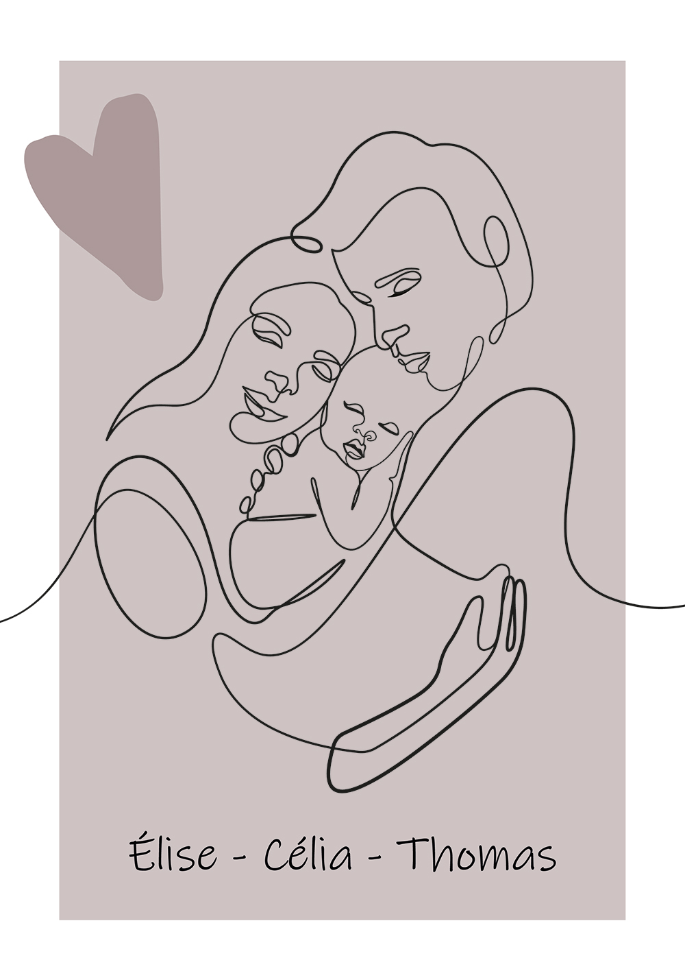 Affiche line art parents enfant naissance poster personnalisé