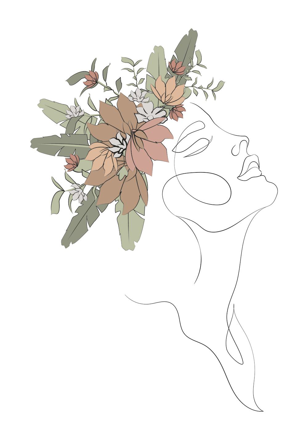 Visage femme fleurs cheveux line art affiche