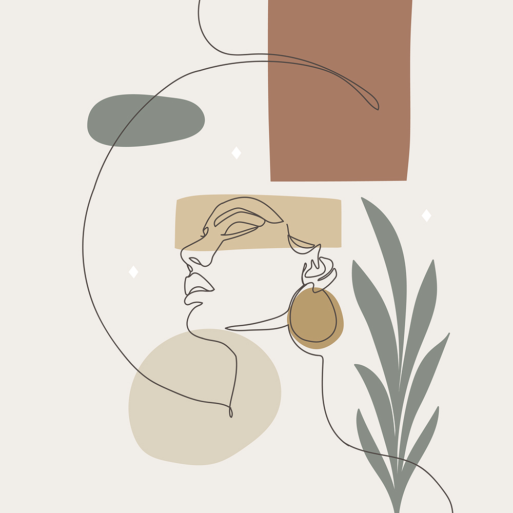 Affiche dessin au trait visage femme chapeau plante Line art Boho Poster mural