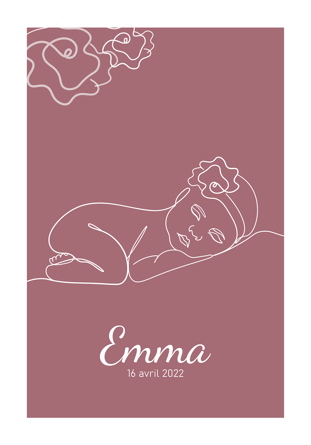 Affiche line art bébé fille endormie poster prénom et date de naissance