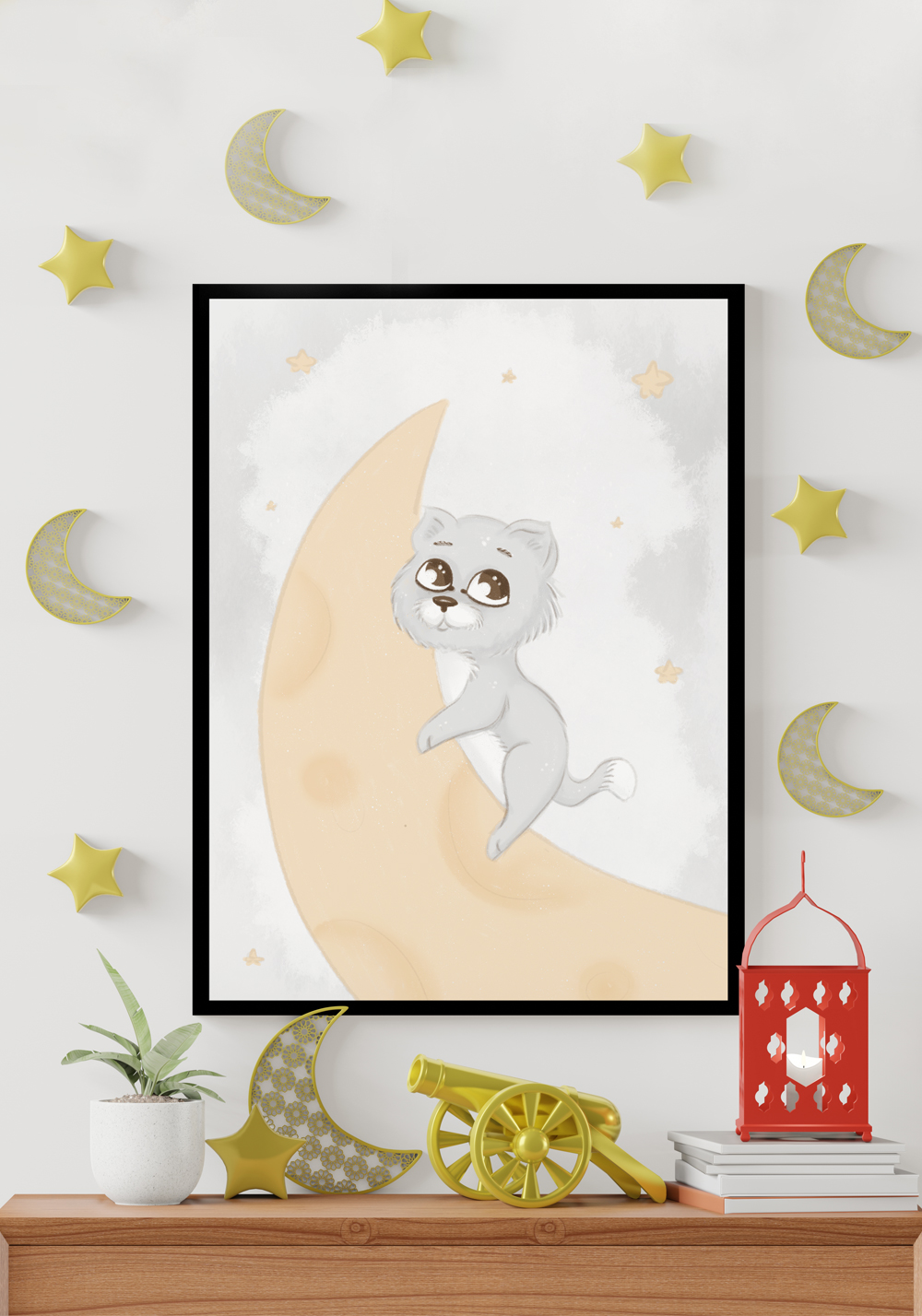Chaton sur la lune étoiles Affiche chambre d'enfant