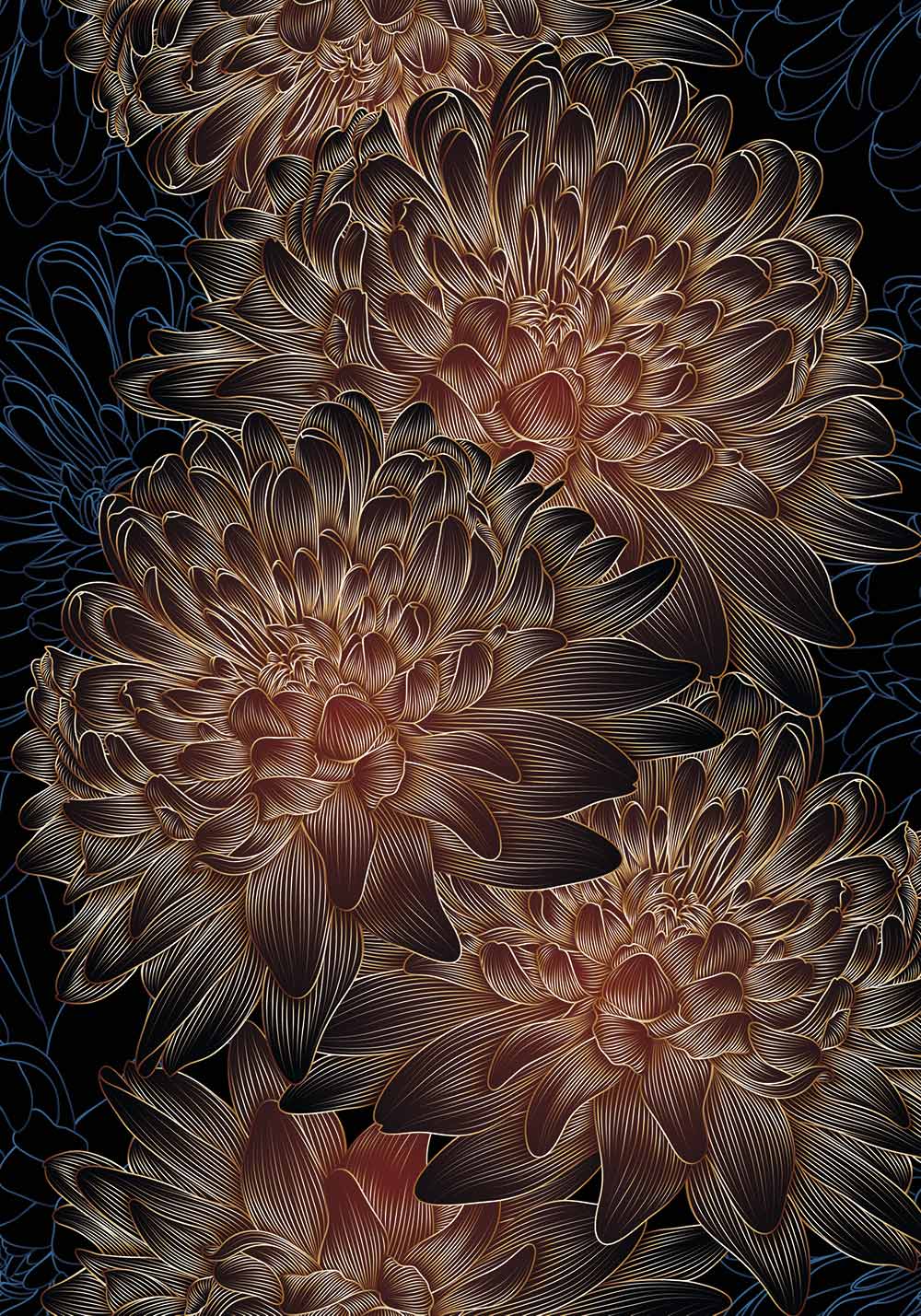 Affiche Chrysanthème Fleurs Bleues, Rouges et Dorées