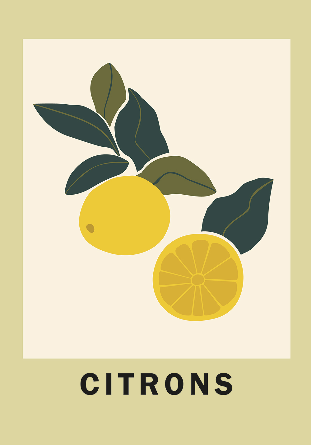 Affiche citrons jaunes feuilles vertes pulpe pépins Décoration murale bureau