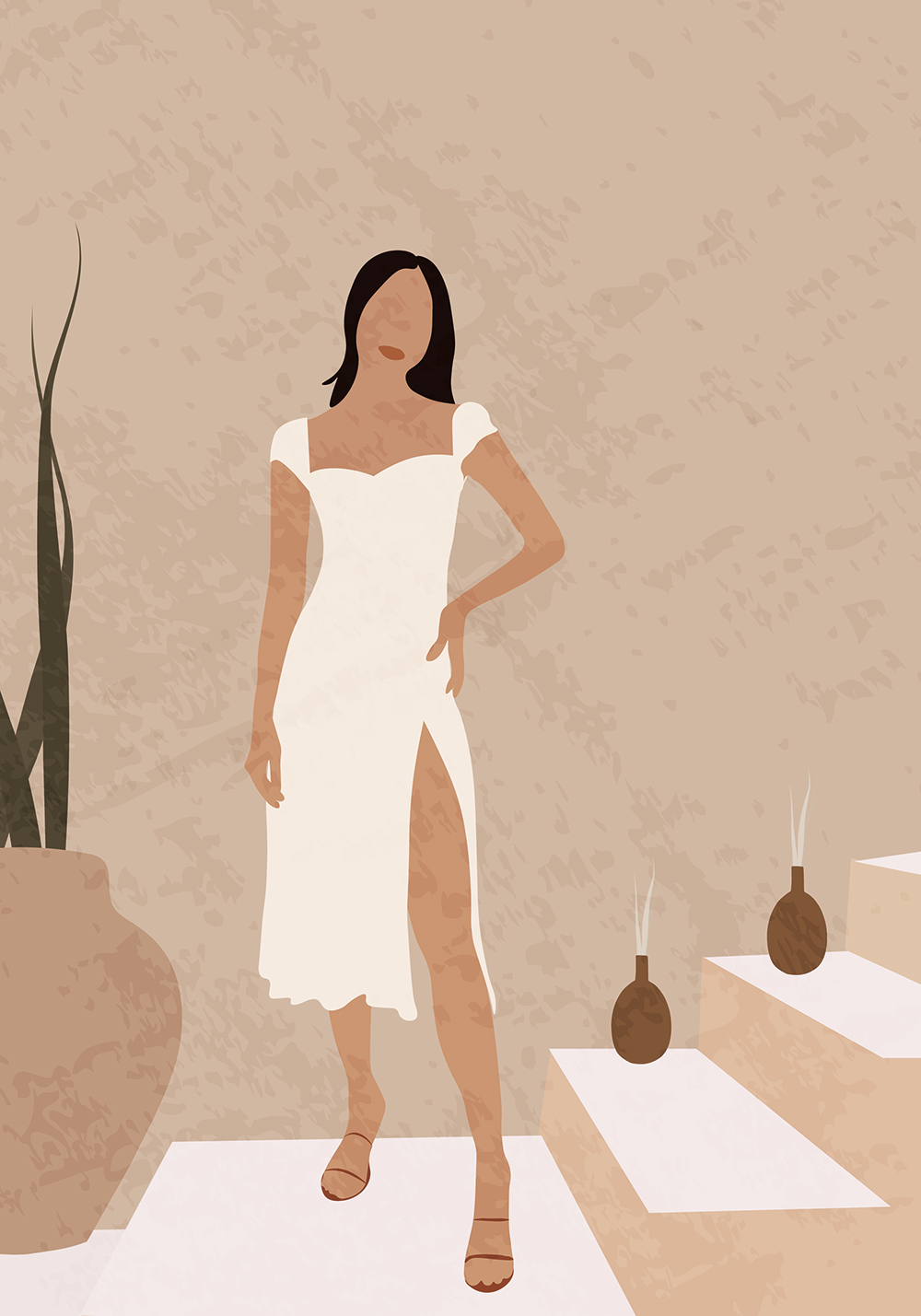 Affiche femme robe sexy blanche été style boho terracota Décoration murale