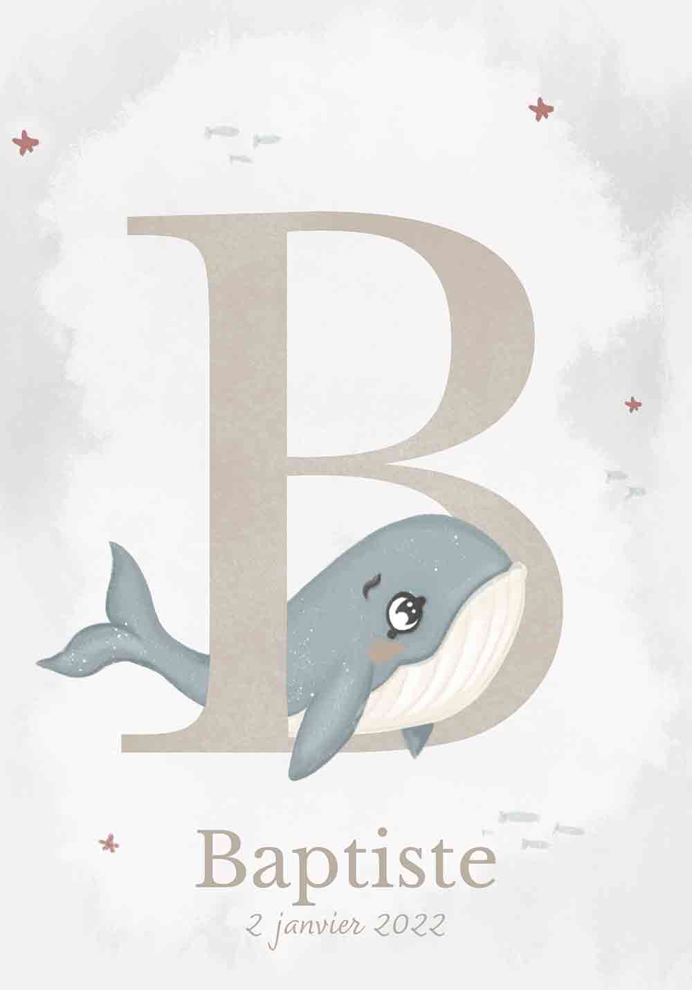 Affiche personnalisable prénom enfant lettre B animal baleine