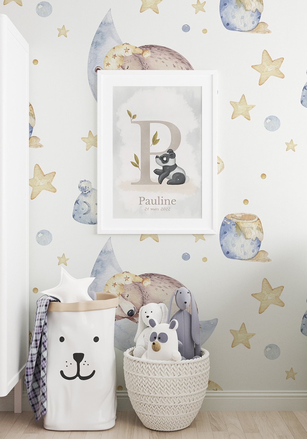 Lettre alphabet P panda bambou Chine Poster personnalisable prénom bébé Artcamia