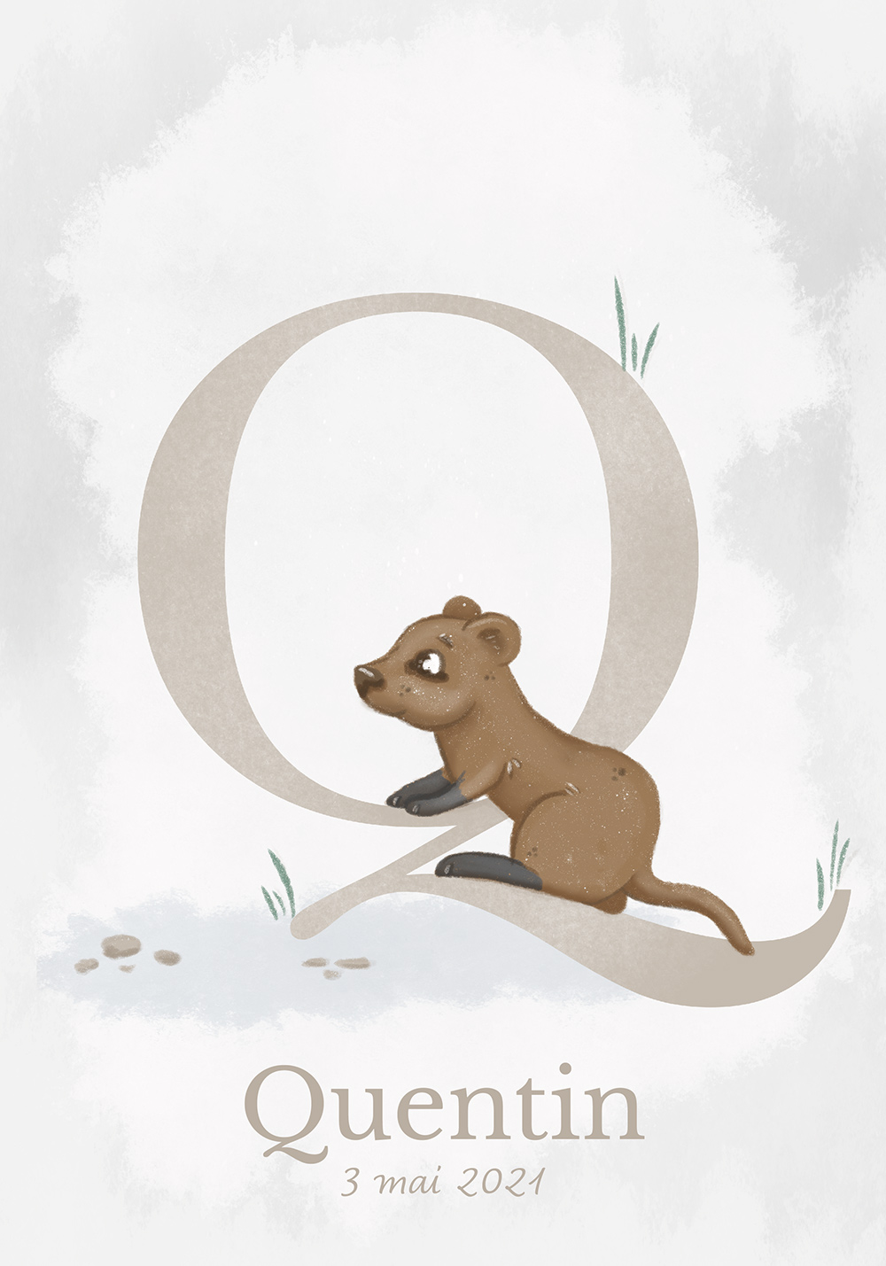 Affiche personnalisable prénom enfant lettre Q et date de naissance bébé Décoration murale bureau